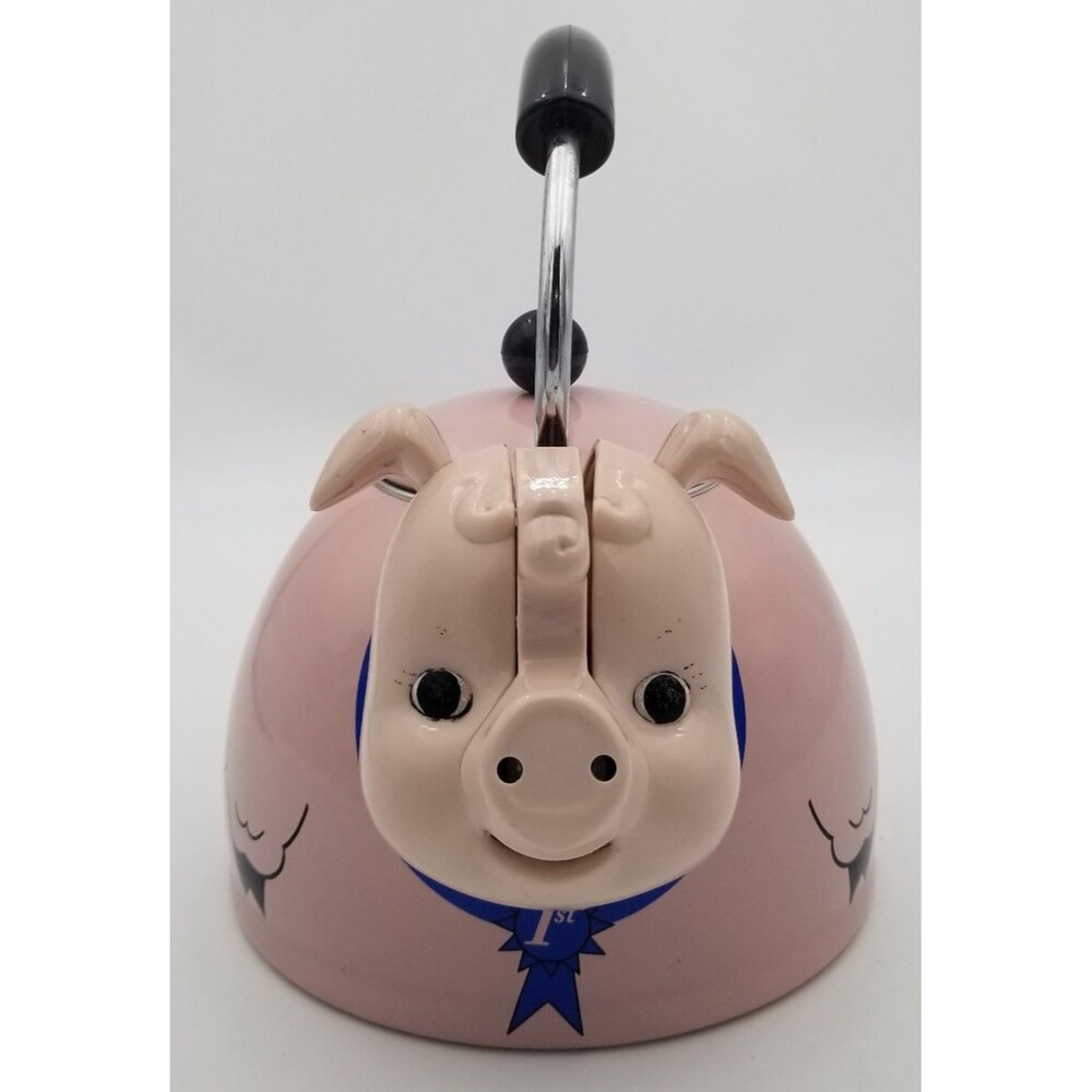 Vintage Kamenstein Whistling Pink Pig Teapot Enamel 1st Place Ribbon Curly Tail